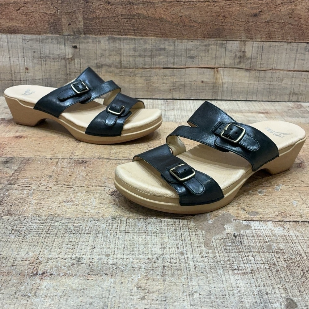 Dansko Sandals Womens Size 7.5 38 Black Leather Slide Wedge Buckle Comfort Shoes